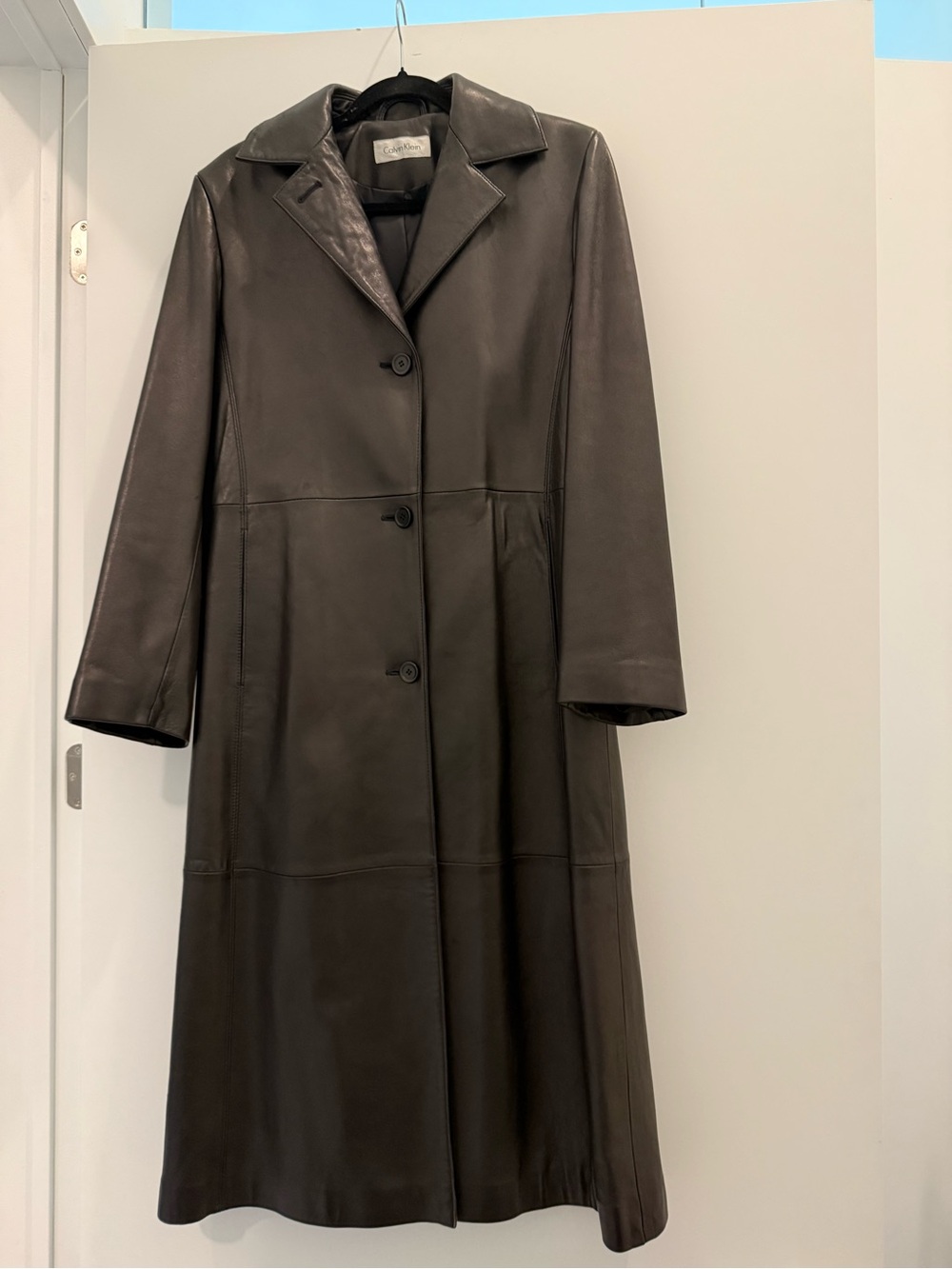 Calvin Klein Long Black Leather Trench Coat